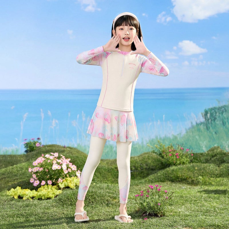 YouYou Girls' Long Sleeve Long Pants Swimsuit Set - Sun Protection UV Swimwear for Kids, Printed Pattern