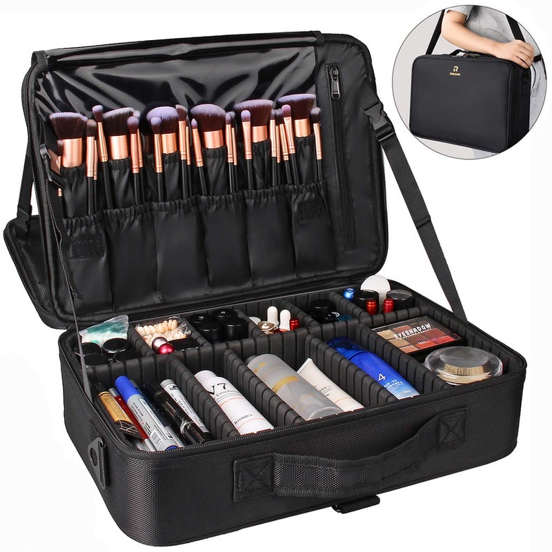 Relavel Makeup Case Large Makeup Bag Professional Train Case 16.5 inches Travel Cosmetic Organizer Brush Holder Waterproof Makeup Artist Storage Box, 3 Layer Large Capacity, with Adjustable Strap - Image 2