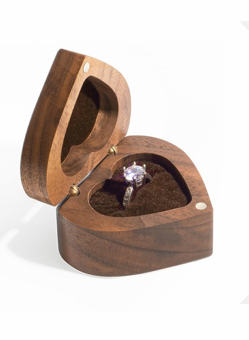 Excefore Wood Ring Box, Heart Shaped Walnut Wood Ring Box with Velvet Soft Interior - Image 1