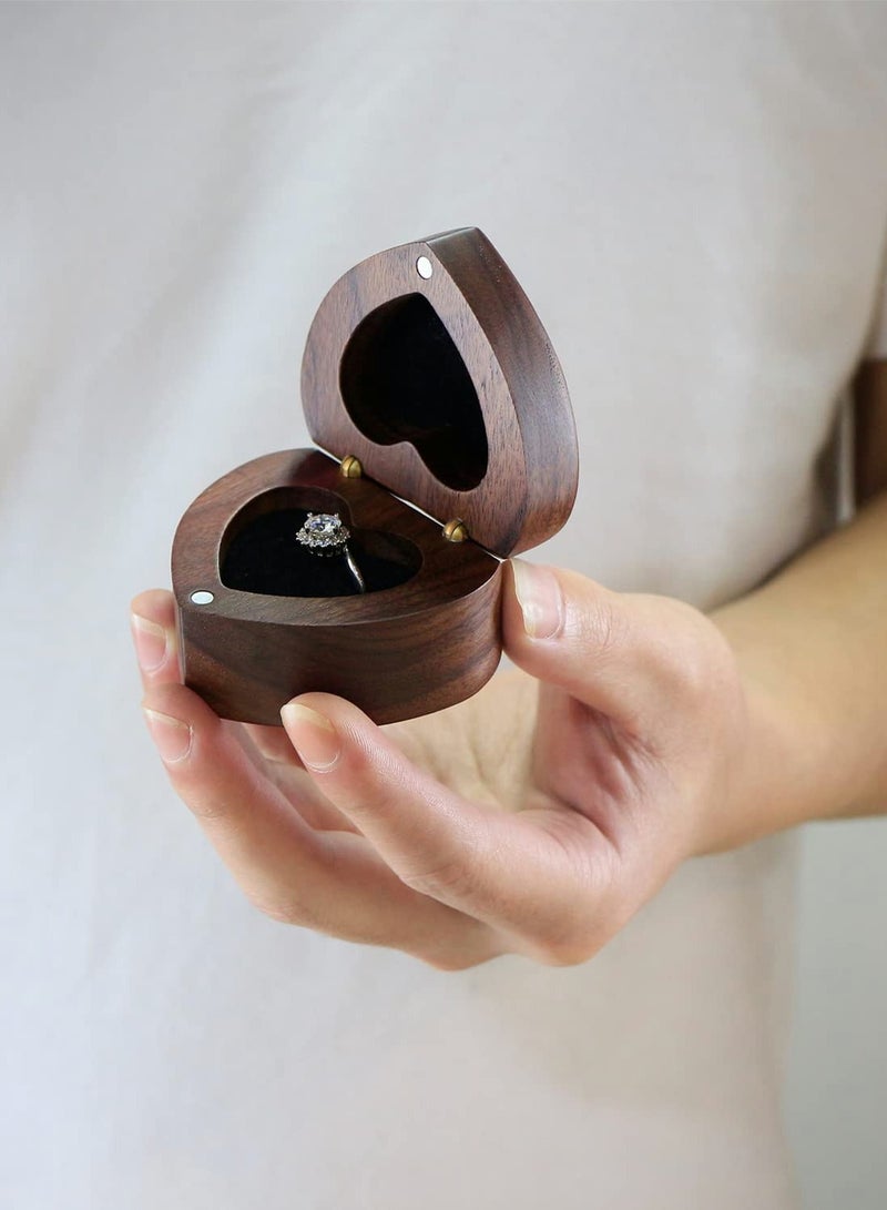 Excefore Wood Ring Box, Heart Shaped Walnut Wood Ring Box with Velvet Soft Interior - Image 3