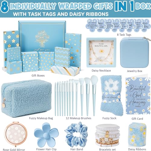 Qinline Christmas Gifts for Tween & Teen Girls - 8 PCS Birthday Gifts Basket Teen Girls Trendy Stuff w/ Fun Task Tags Make up Brushes & Bag, Empower Advent Calendar Wrapped Gifts Box for Daughter Niece Sister - Image 2