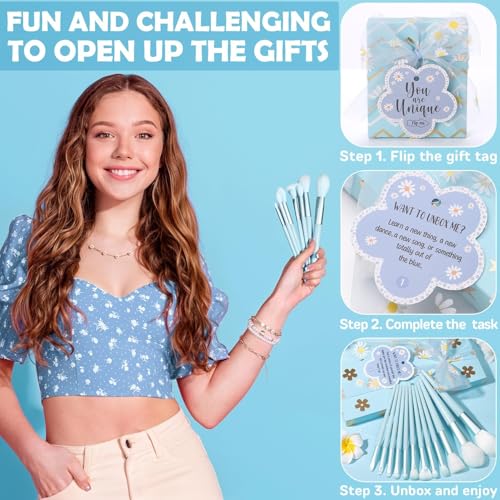 Qinline Christmas Gifts for Tween & Teen Girls - 8 PCS Birthday Gifts Basket Teen Girls Trendy Stuff w/ Fun Task Tags Make up Brushes & Bag, Empower Advent Calendar Wrapped Gifts Box for Daughter Niece Sister - Image 5