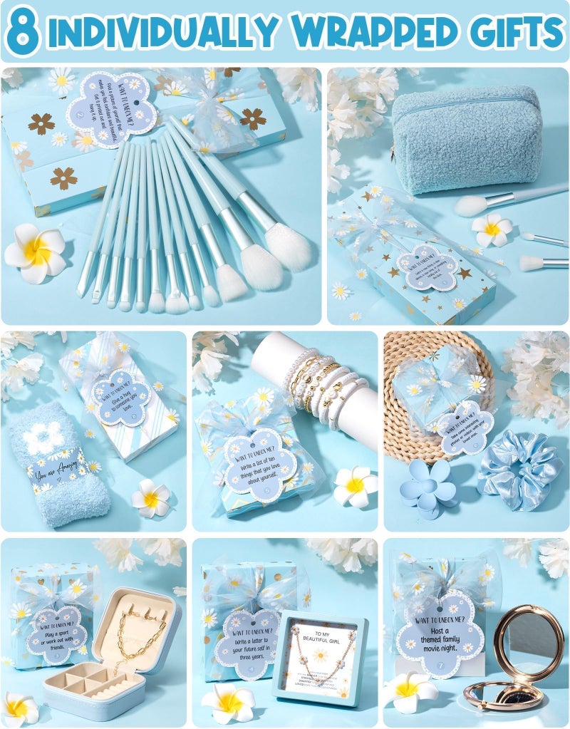 Qinline Christmas Gifts for Tween & Teen Girls - 8 PCS Birthday Gifts Basket Teen Girls Trendy Stuff w/ Fun Task Tags Make up Brushes & Bag, Empower Advent Calendar Wrapped Gifts Box for Daughter Niece Sister - Image 3