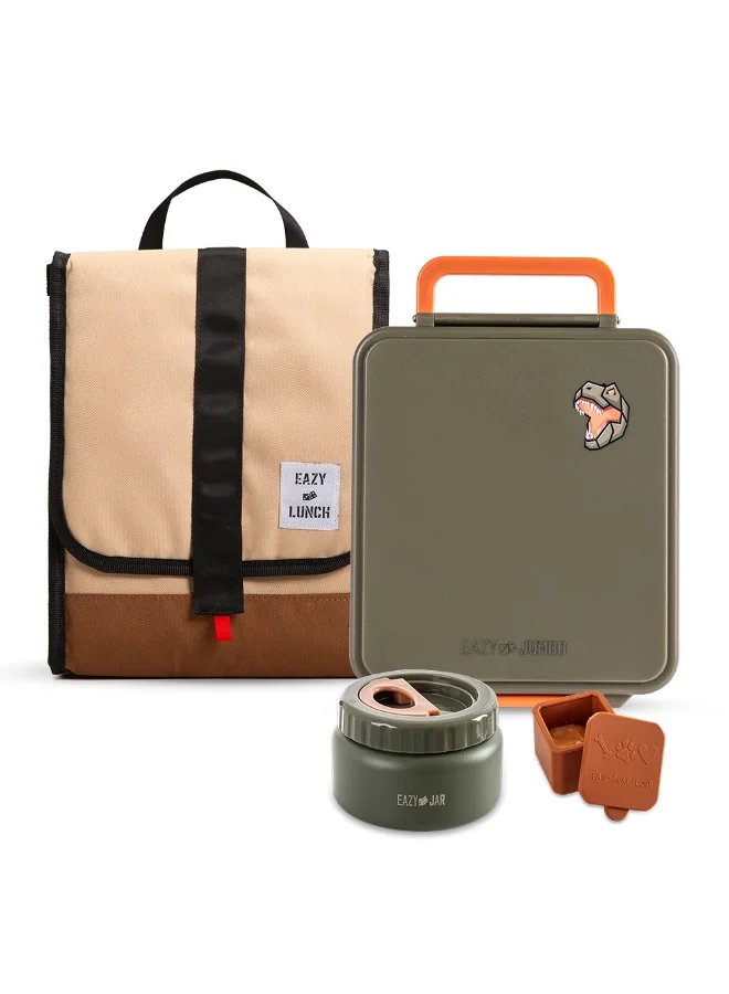 Eazy Kids Eazy Kids Jumbo Bento Lunch Box w/ Lunch Bag, Thermos & Dip Jar- Green