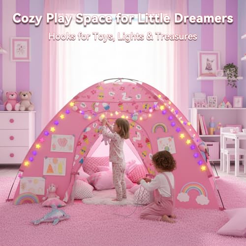 AFUNX Kids Play Tent Extra Large Unicorn Playhouse for Girls 70x45x43 Pink Kids Playhouse with Cute Ice Cream Fruit Prints Foldable Indoor Play Space TunnelReady Design Easy Setup Gift Idea - Image 5