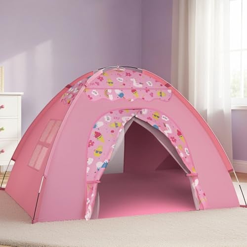 AFUNX Kids Play Tent Extra Large Unicorn Playhouse for Girls 70x45x43 Pink Kids Playhouse with Cute Ice Cream Fruit Prints Foldable Indoor Play Space TunnelReady Design Easy Setup Gift Idea - Image 1