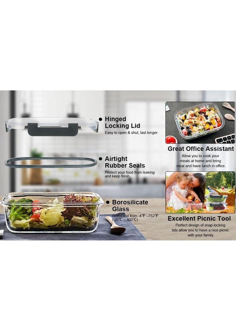 TYCOM Glass Meal Prep Containers (1 pcs Rectangle) - Glass Food Storage Containers with Lids, Glass Lunch Box, Portion Control, Airtight, Glass Bento Box Lunch Containers- Black  - Image 2