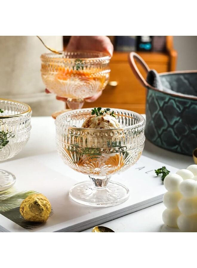 Vintage Sunflower Embossed Glass Footed Dessert Bowl for Ice Cream Trifle Salad Candy Cake Home Party Wedding 9 OZ White - Image 2