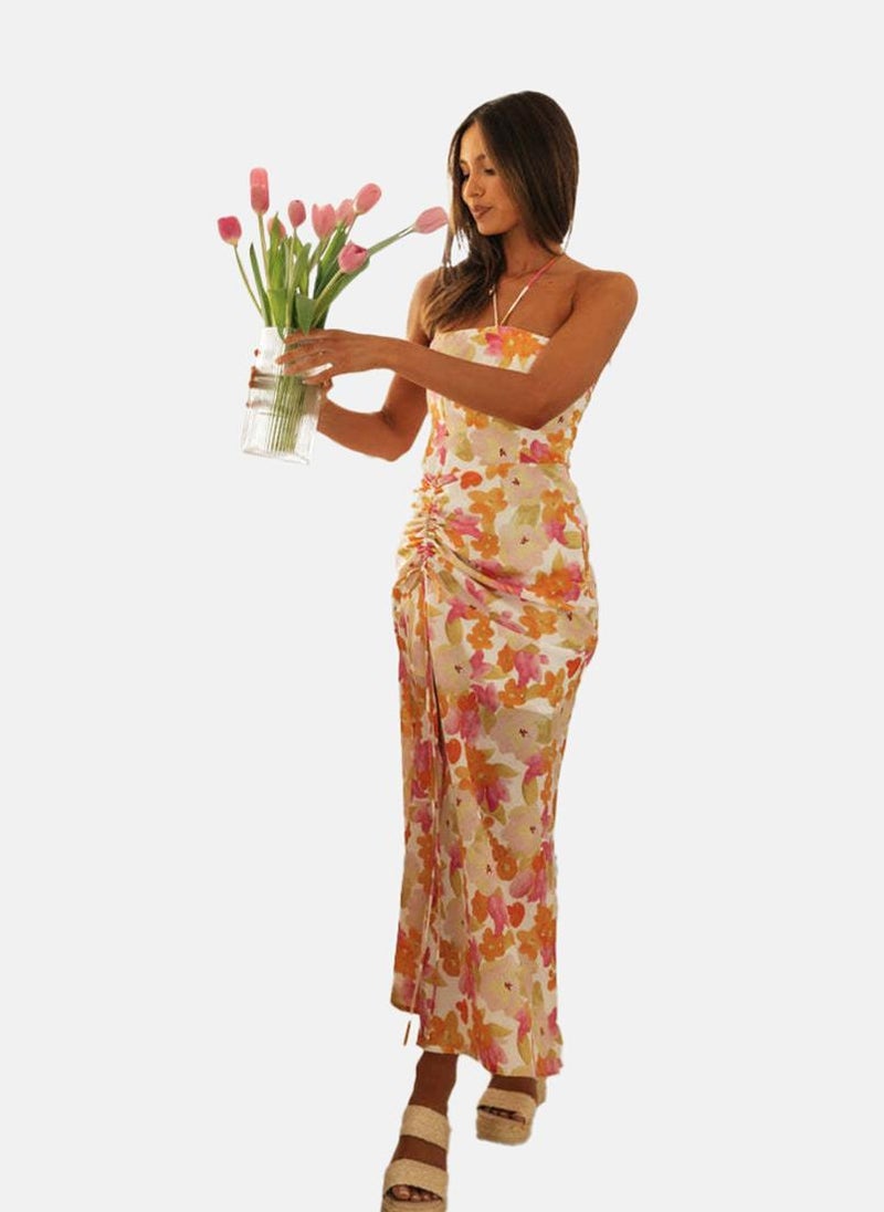 يونيكي فستان بدون حمالات بفتحة وطبعات زهور - Image 3