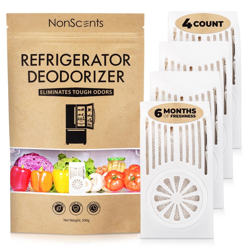 NonScents Refrigerator Deodorizer Odor Eliminator for Fridge Freezer Outshines Baking Soda Deodorizer with Activated Charcoal Unscented LongLasting Freshen Refrigerator 4Count
