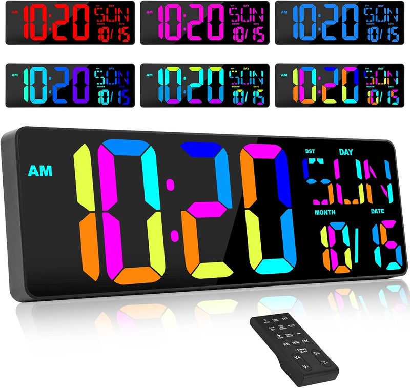 XREXS RGB Colour Changing Digital Wall Clock with Remote Control, 17 Inch Digital Clock LED Brightness Adjustable Digital Calendar Clock with Temperature/Date/Day (8 Languages)/Alarm Clock - Image 1