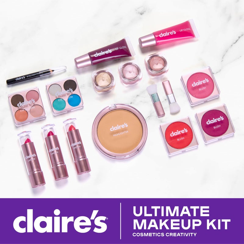 claire's طقم مكياج كلير النهائي، مجموعة مستحضرات تجميل حقيقية مكونة من 18 قطعة، مكياج للأطفال من 8-12 سنة، ألعاب للبنات وهدايا نشاط الجمال مع ملمع الشفاه، أحمر الشفاه، ظلال العيون، كحل، أحمر خدود، هايلايتر وحقيبة حمل. - Image 2