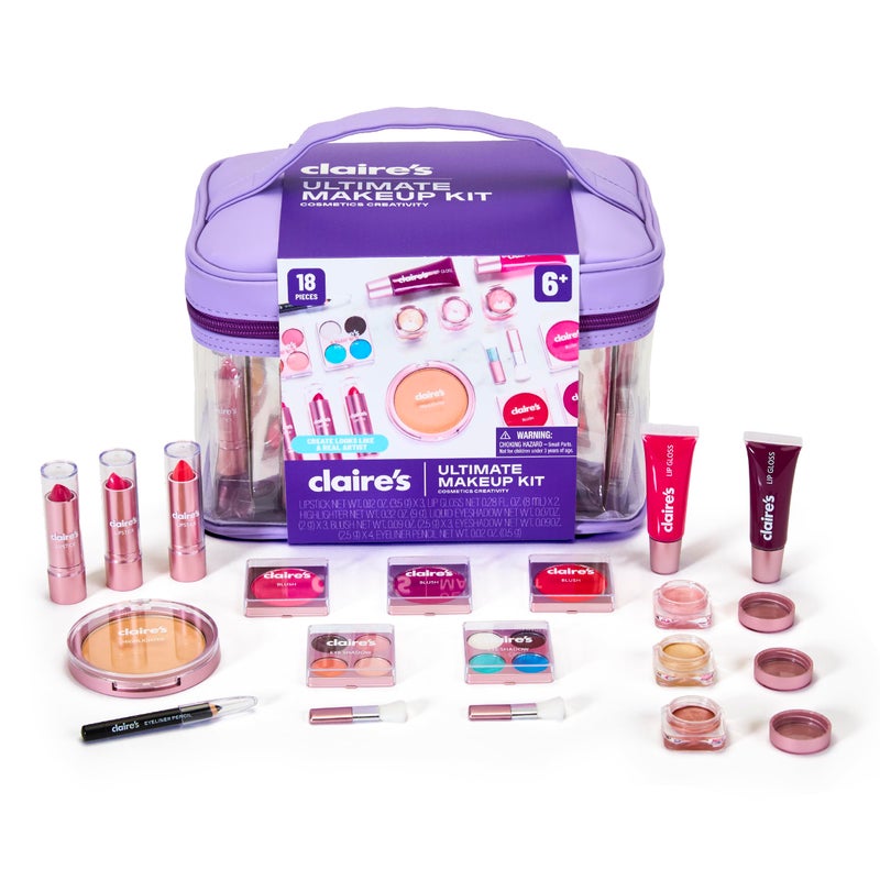 claire's طقم مكياج كلير النهائي، مجموعة مستحضرات تجميل حقيقية مكونة من 18 قطعة، مكياج للأطفال من 8-12 سنة، ألعاب للبنات وهدايا نشاط الجمال مع ملمع الشفاه، أحمر الشفاه، ظلال العيون، كحل، أحمر خدود، هايلايتر وحقيبة حمل. - Image 1