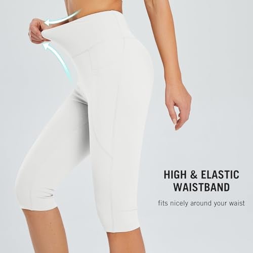 baleaf Capri Leggings for Women with Pockets Knee Length Capris Pants Tummy Control Yoga Workout Exercise Casual White L - Image 3