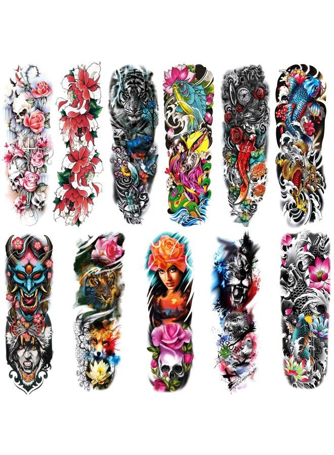 Leoars Colorful Sleeve Tattoos Stickers, Full Arm Temporary Tattoos Sleeves, Fake Watercolor Body Art Arm Tattoo for Kids Women Makeup, 12-Sheet - Image 1