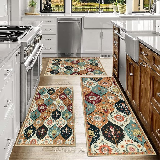 KITCHEN MATS FOR FLOOR NON SLIP WASHABLE KITCHEN RUGS SETS OF 3 FLORAL KITCHEN RUNNER RUGS WATERPROOF VINTAGE CARPET RUG FOR HALLWAY LAUNDRY SINK ENTRYWAY BATHROOM