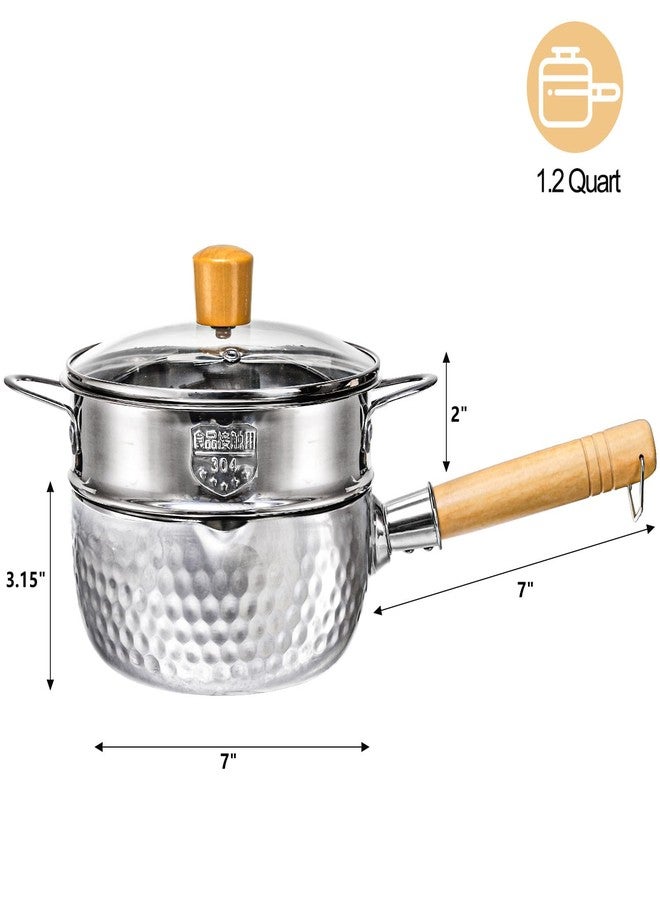 ديايو قدر دي آي يو المصنوع من الفولاذ المقاوم للصدأ مع مصفاة بخار، سعة 1.2 لتر، قدر يوكيهيرا مع غطاء، قدر طهي ياباني تقليدي صغير بمقبض خشبي وفوهتين جانبيتين للحليب، الرامن، الحساء، التمبورا، 7 بوصات - Image 2