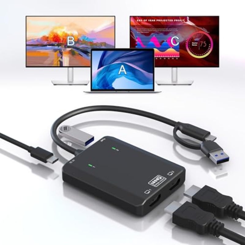 Dual Hdmi Splitter, USB C to 2 HDMI Adapter 1080p 60Hz for Laptop Monitor, Extend or Mirror Two Screens with USB 3.0 Hub and Power Port, Compatible with Most Systems - Image 1