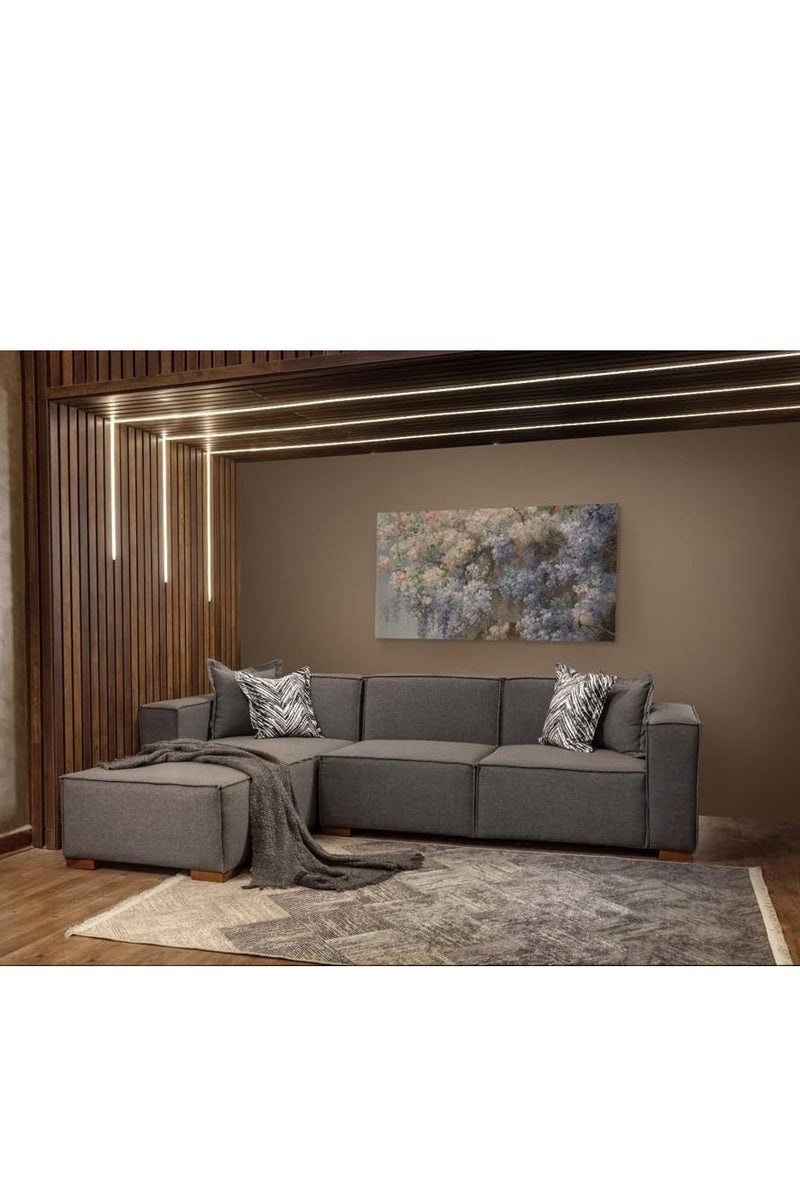 ركنة حرف L مودرن بتصميم أنيق – قماش كتان وخشب زان – مقاس 250×150×90 سم