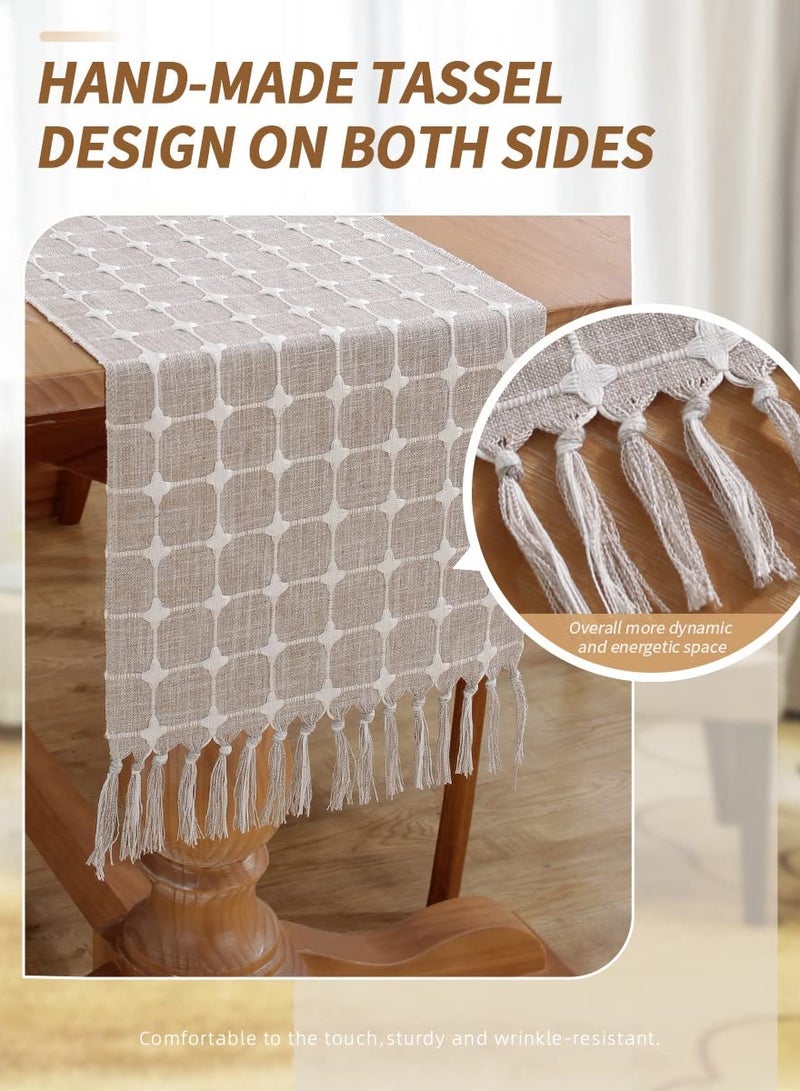 KASTWAVE Table Runner Boho Style, Burlap Linen Handmade Rustic Table Runner, 72 Inches Long Coffee Table Runner for Dining Party Holiday, Decorative for Home Dining Tea Kitchen (Khaki Check, 13*72 Inch) - Image 2