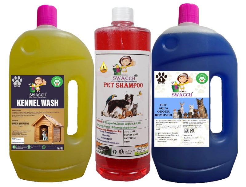 swacch Kennel Wash (Lemon) + Pet Shampoo (Jasmine) I Pet Aqua Odour Remover (Lavender) 1 Litre Combo Pack of 3 Economical Pack I Dog and Cat Friendly - Image 1