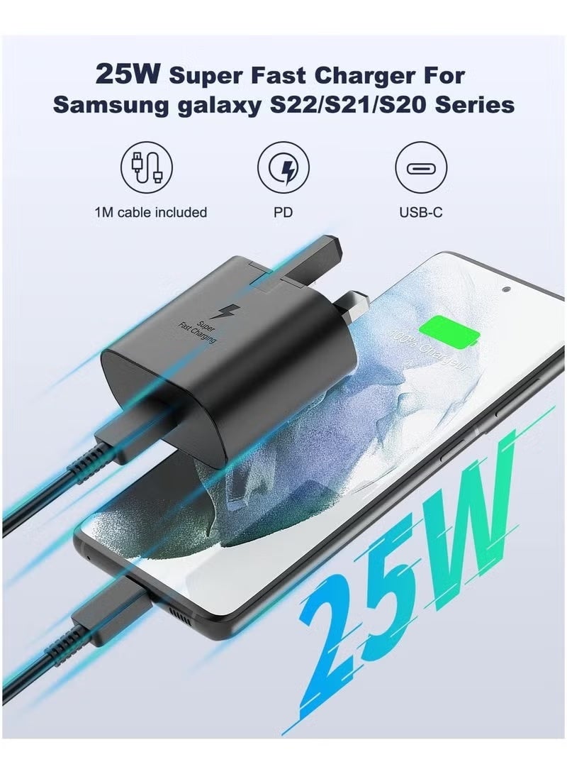 تيك في شاحن USB-C فائق السرعة بقوة 25 واط (تقنية PD) مع كابل بطول متر واحد - متوافق مع هواتف S25 وS24 وS23 وS22 وS21 وS20 (إصدارات Ultra و+)، وA53 وA15 وA54 وFold وFlip - محول طاقة بمنفذ Type-C. - Image 2