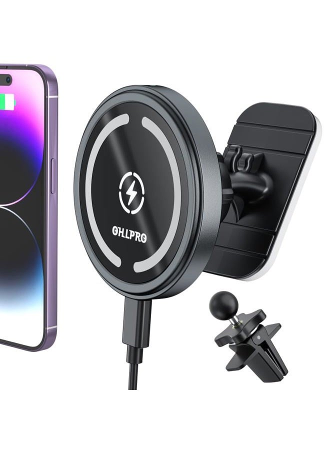 OHLPRO for MagSafe Car Mount Charger iPhone Wireless Car Charger, Stick on Dashboard Magnetic Phone Holder Mount for iPhone 16 Pro Plus Max 15 14 13 12 Series, 15W Fast Charging, Aluminum Shell - Image 1