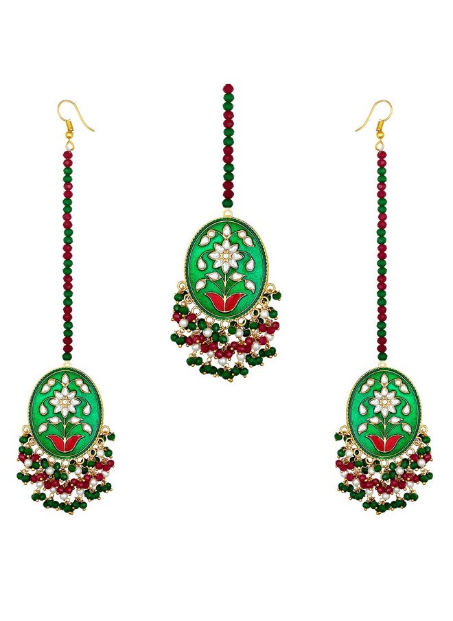 Aheli Dazzling Enamel Earrings Maang Tikka Set Indian Traditional Wedding Ethnic Fashion Jewelry For Women  - Image 1
