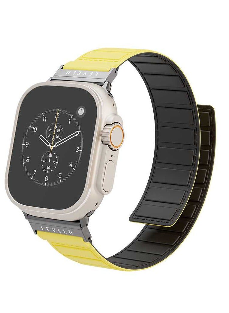 ليفيلو سوار مغناطيسي دوار من Vogue لساعة Apple Watch مقاس 45/44/42 / موصل رأس دوار لتغيير اللون / لون مزدوج / ملمس سيليكون ناعم - أسود/أصفر - Image 2
