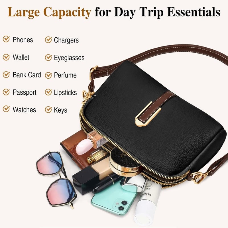 Crossbody Bag for Women, Genuine Leather Handbag Shoulder Bag with Adjustable Wide Strap, Black, Lightweight and Spacious Design - Image 5