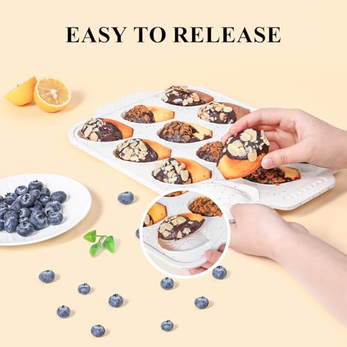 Vinino 2-Pack Silicone Madeleine Pan with Metal Reinforced Frame, 12-Cavity Shell Shape Madeleine Mold with Non-Slip Handle, Nonstick Madeleine Cookie Trays for Oven, BPA Free, Dishwasher Safe- Cream - Image 3