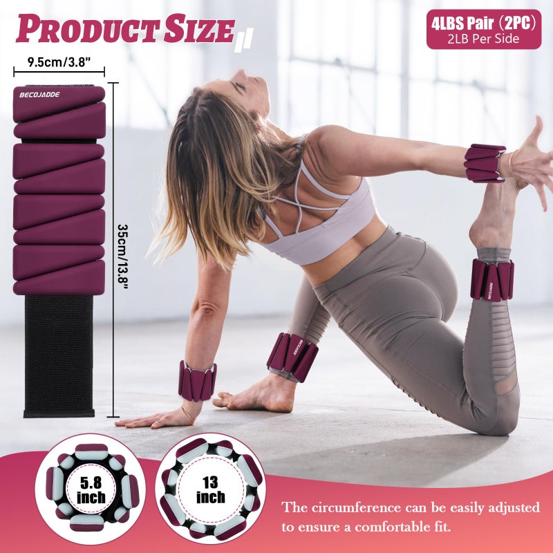 BECOJADDE Ankle Weights Set of 2 (2 lb Each) Adjustable Wrist Weights for Women Men Wearable Arm Leg Weight for Pilates, Running, Walking, Workout, Yoga, Pewter Burgundy - Image 4