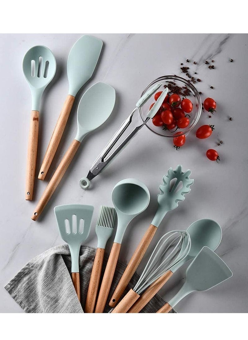Generic - Silicone Cooking Kitchen 11PCS Wooden Utensils Tool for Nonstick Cookware Cooking Utensils Set with Bamboo Wood Handles for Nonstick Cookware Non Toxic Turner Tongs Spatula Spoon Set - Image 1