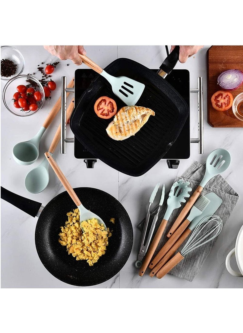 Generic - Silicone Cooking Kitchen 11PCS Wooden Utensils Tool for Nonstick Cookware Cooking Utensils Set with Bamboo Wood Handles for Nonstick Cookware Non Toxic Turner Tongs Spatula Spoon Set - Image 1