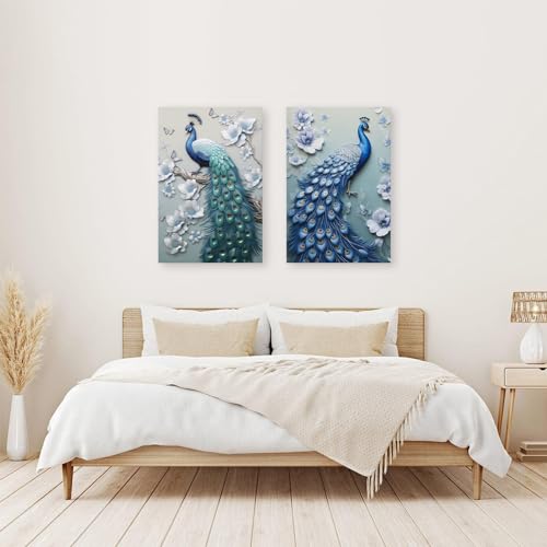 CXHOSTENT Elegant Peacock Canvas Wall Art - 2 Panels, 16x24inchx2Pcs, Modern Living Room Decor - Image 5