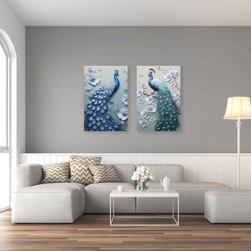 CXHOSTENT Elegant Peacock Canvas Wall Art - 2 Panels, 16x24inchx2Pcs, Modern Living Room Decor - Image 3