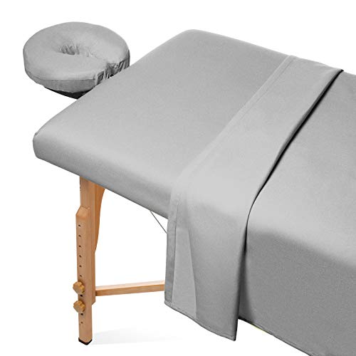Saloniture 3-Piece Flannel Massage Table Sheet Set - Soft Cotton Facial Bed Cover - Includes Flat and Fitted Sheets with Face Cradle Cover - Light Gray - Image 1