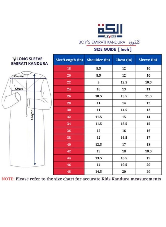 U.S. ELK - Boy’s Emirati Kandura | Stitched Traditional Kids Arabic Thobe, Dishdasha, Kaftan for Boys | Long Sleeve Islamic Arab Dress with Side Pocket - Image 1