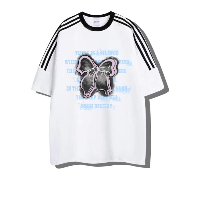 plus size chubby girl Three Bar Striped Cartoon Cotton Short-sleeved T-shirt Summer New All-match Trendy Instagram Style Cross-border Explosions Navy blue
