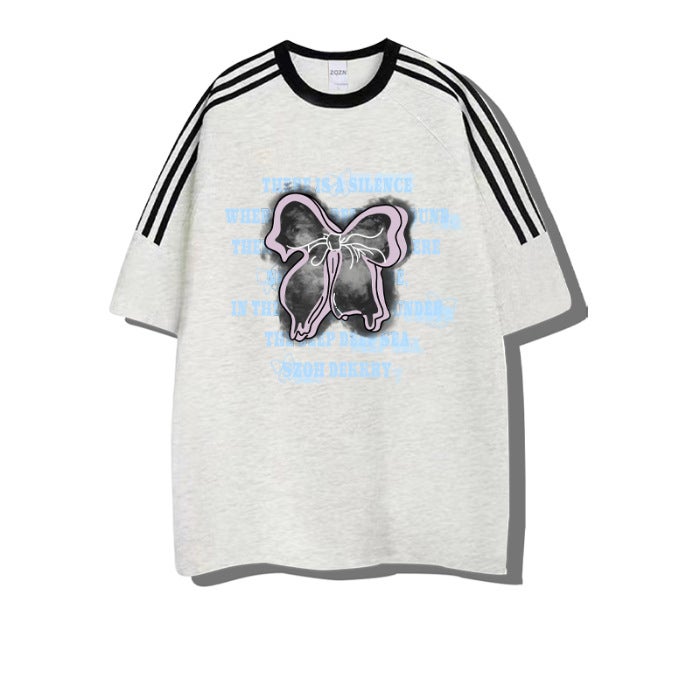 plus size chubby girl Three Bar Striped Cartoon Cotton Short-sleeved T-shirt Summer New All-match Trendy Instagram Style Cross-border Explosions Navy blue
