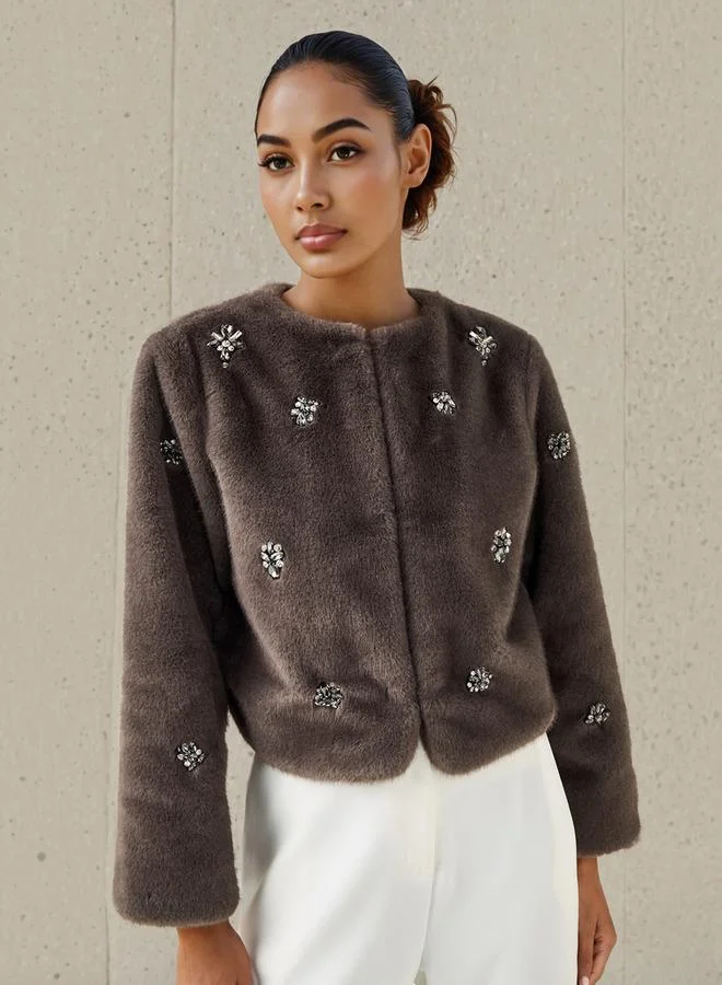 Iconic Iconic Embellished Faux Fur Jacket