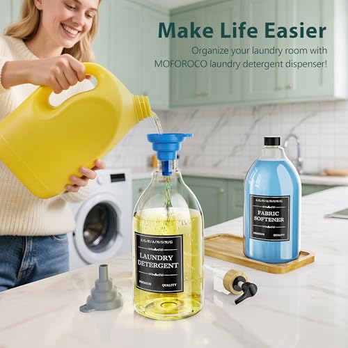 Moforoco Liquid Laundry Detergent Dispenser with Bamboo Tray, 2 Pack 64 Oz Plastic Laundry Soap Dispenser, Fabric Softener Dispenser with Pump and Labels for Laundry Room Decor and Organization - Image 5