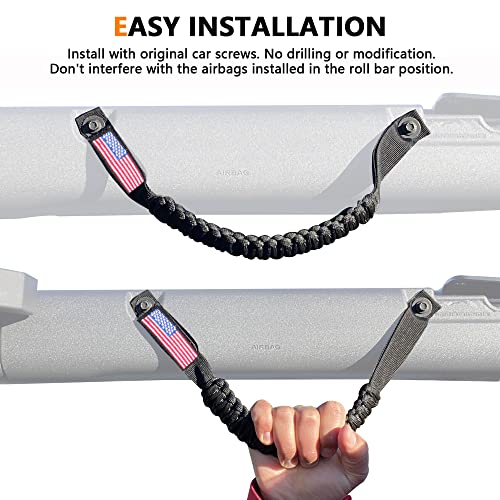 RERPRO 4 Pack Grab Handles for Ford Bronco Accessories 2021 2022 2023 2024 2025 2 Door 4 Door Interior Paracord Roll Bar Grip Door Handle with America Flag Black - Image 5