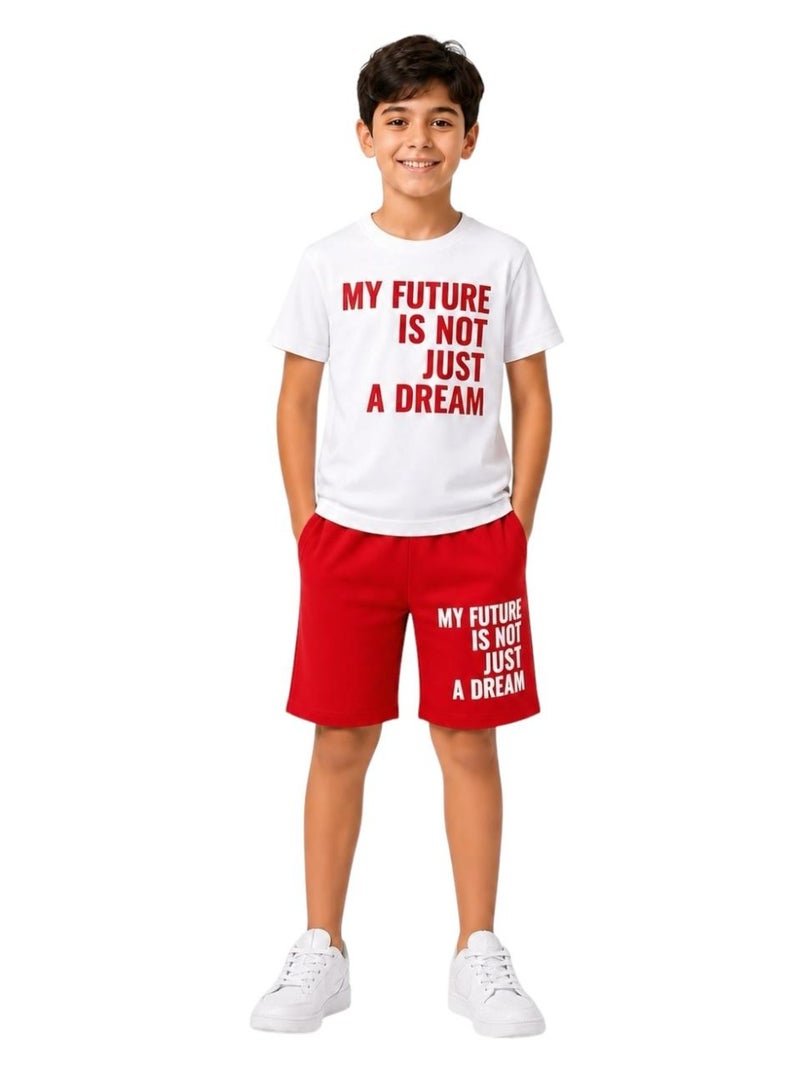 Boys’ Casual Summer Set – Short Sleeve T-Shirt and Shorts with Trendy “MY FUTURE IS NOT JUST A DREAM” Print – Soft Comfortable Cotton Fabric Perfect for Outings, Playtime, and Everyday Wear – Stylish Color Options for Kids - Image 2