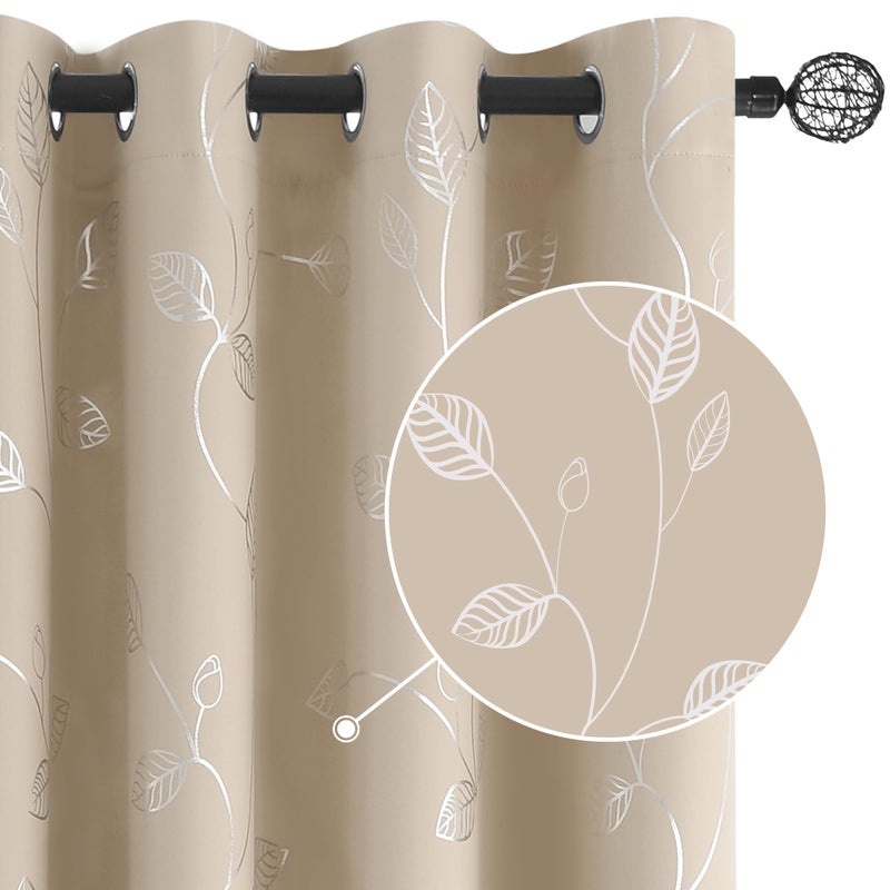 BUHUA Wave Silver Leaf Print Blackout Curtains for Living Room Darkening Curtains Light Blocking Curtains for Bedroom 38W?63L Beige 2 Panels - Image 1
