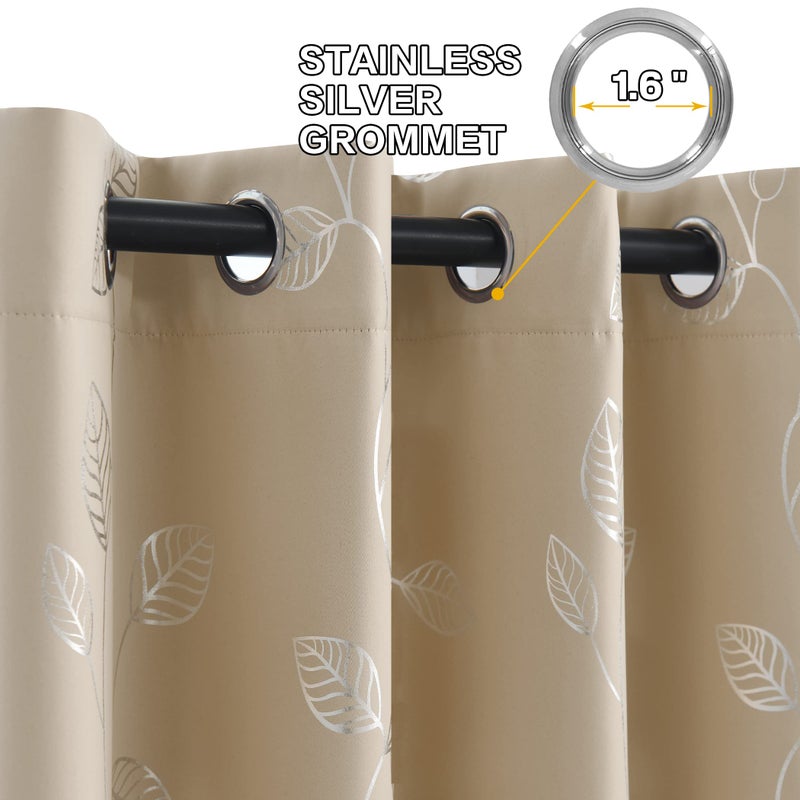 BUHUA Wave Silver Leaf Print Blackout Curtains for Living Room Darkening Curtains Light Blocking Curtains for Bedroom 38W?63L Beige 2 Panels - Image 3