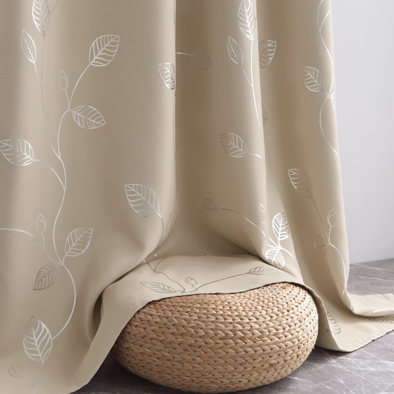 BUHUA Wave Silver Leaf Print Blackout Curtains for Living Room Darkening Curtains Light Blocking Curtains for Bedroom 38W?63L Beige 2 Panels - Image 4