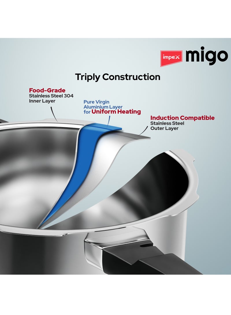 إمبكس قدر ضغط Migo من الستانلس ستيل ثلاثي الطبقات سعة 3 لتر | غطاء خارجي | قاعدة متوافقة مع الحث الحراري | نظام أمان ثلاثي | فتحة تهوية لحلقة الإحكام | صمام أمان متين | تشطيب لامع | متوافق مع مواقد الغاز والتحريض | TPC 3 - Image 5