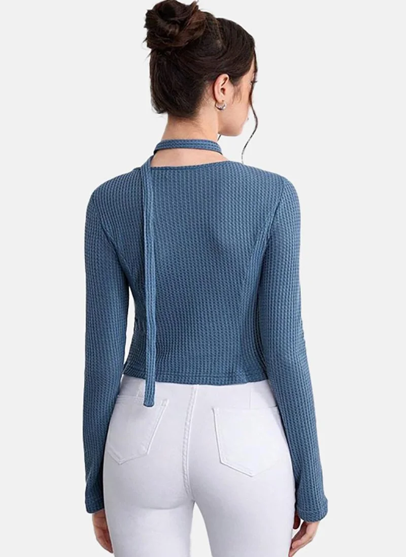 يونيكي Blue Solid Slim Fit Long Sleeve Top