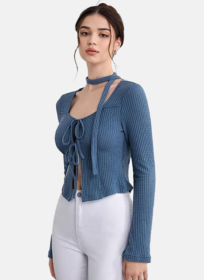 يونيكي Blue Solid Slim Fit Long Sleeve Top